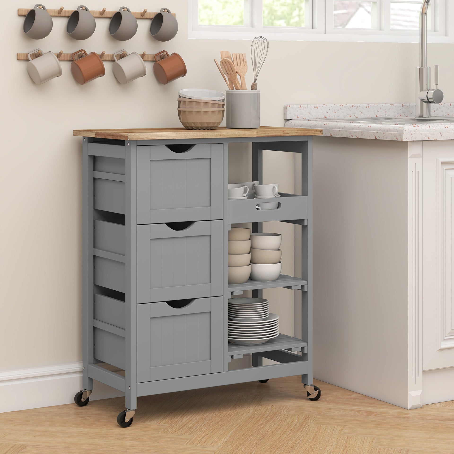 HOMCOM Rolling Kitchen Cart, Kitchen Island with Wood Top, Shelves & Drawers for Dining Area, Gray