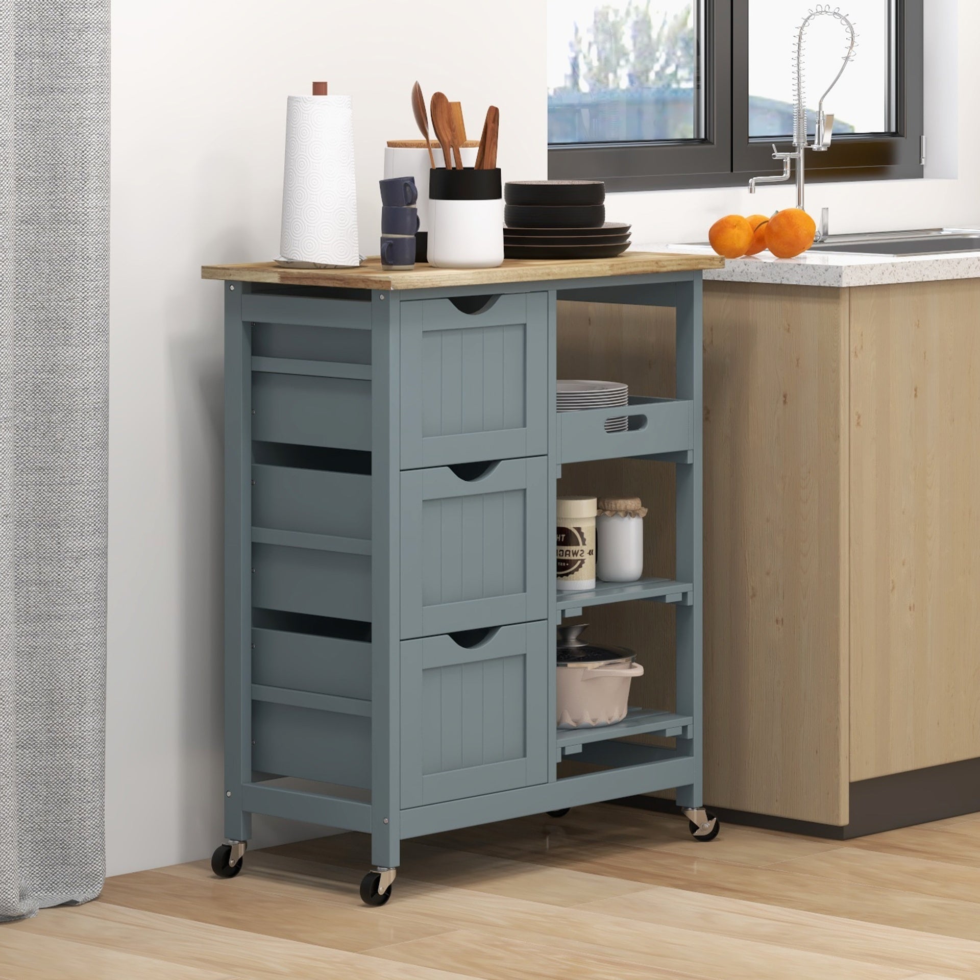 HOMCOM Rolling Kitchen Cart, Kitchen Island with Wood Top, Shelves & Drawers for Dining Area, Gray