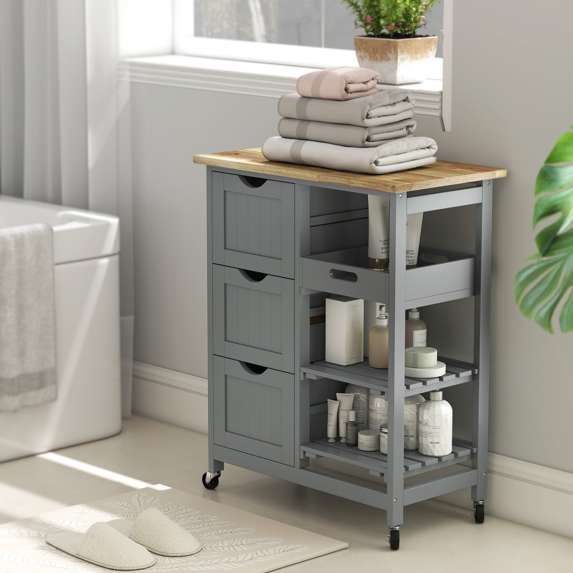 HOMCOM Rolling Kitchen Cart, Kitchen Island with Wood Top, Shelves & Drawers for Dining Area, Gray