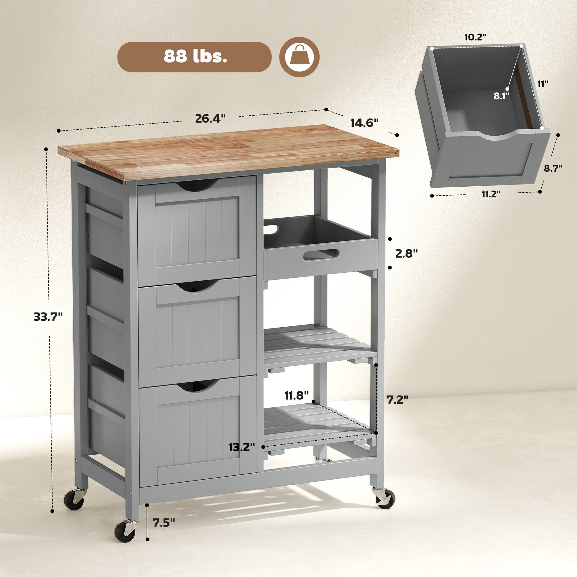HOMCOM Rolling Kitchen Cart, Kitchen Island with Wood Top, Shelves & Drawers for Dining Area, Gray
