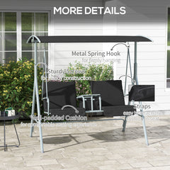 Outsunny 2-Seater Outdoor Porch Swing with Canopy and Table, Patio Swing Chair for Garden, Poolside, Backyard, Black