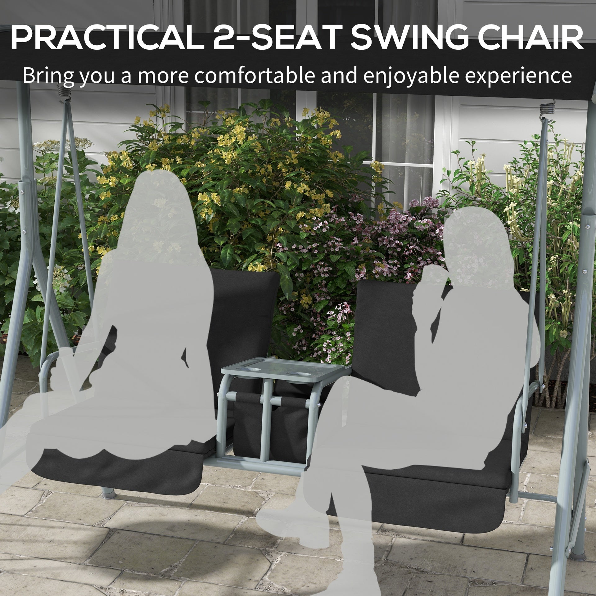 Outsunny 2-Seater Outdoor Porch Swing with Canopy and Table, Patio Swing Chair for Garden, Poolside, Backyard, Black