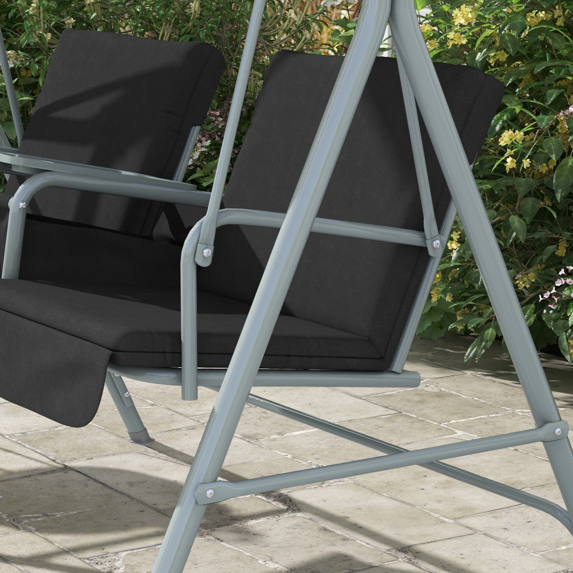 Outsunny 2-Seater Outdoor Porch Swing with Canopy and Table, Patio Swing Chair for Garden, Poolside, Backyard, Black