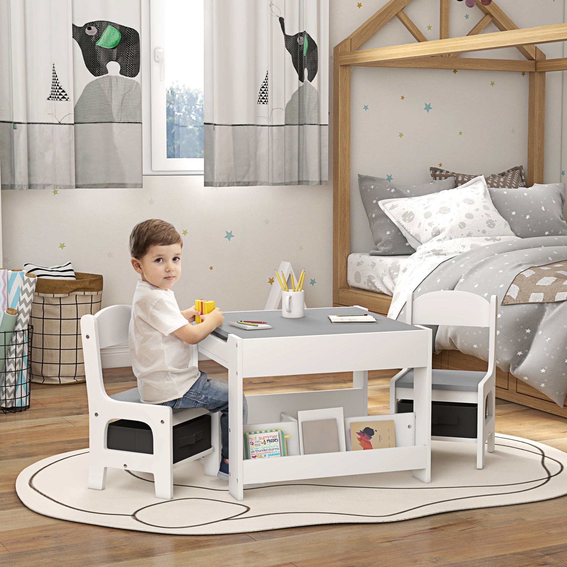 Qaba 3pc Kids Table and Chair Set with Reversible Tabletop Blackboard, Storage & Bookshelves, Gray