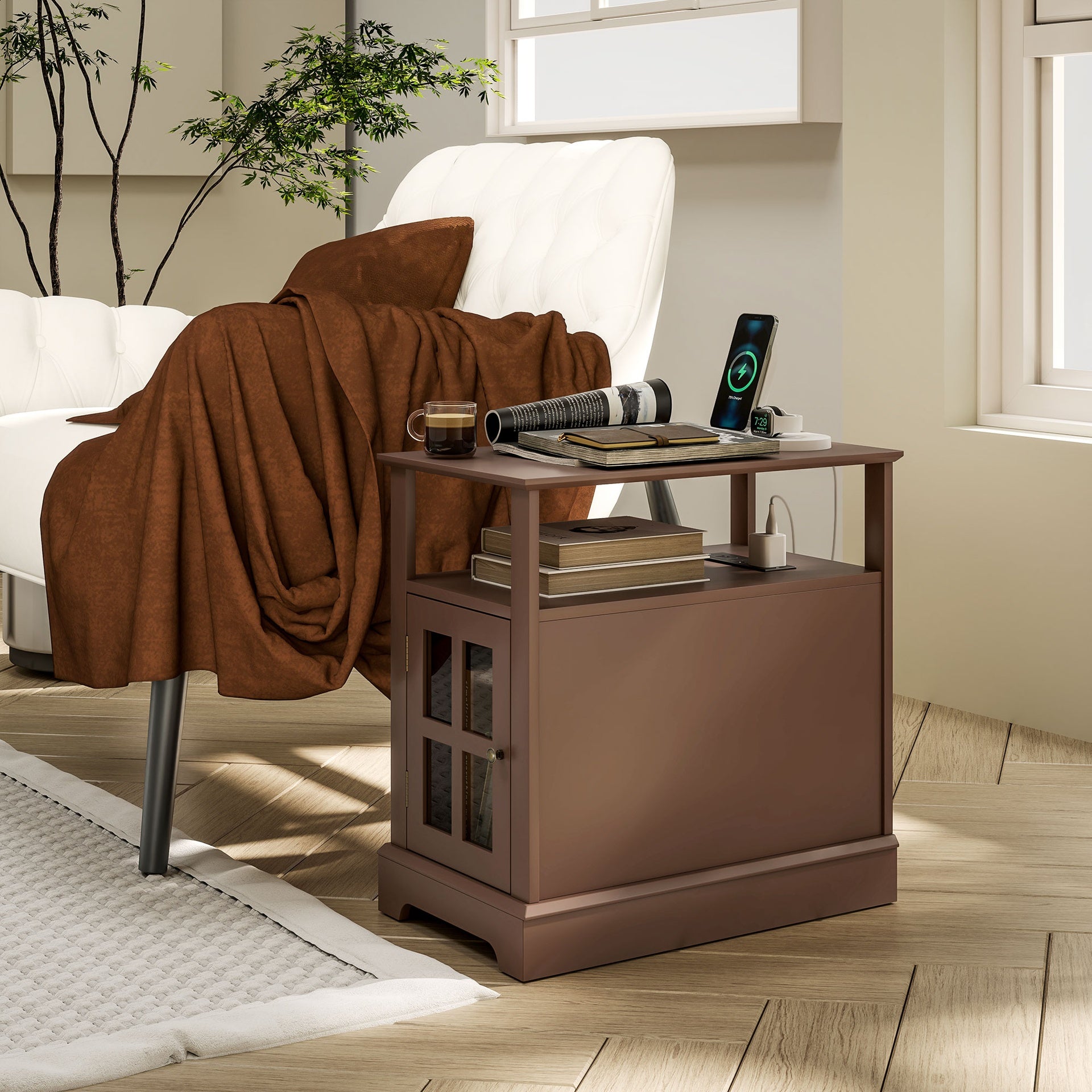 HOMCOM Narrow Side Table End Table with Charging Station, USB Ports, Modern End Table with Storage for Living Room, Brown