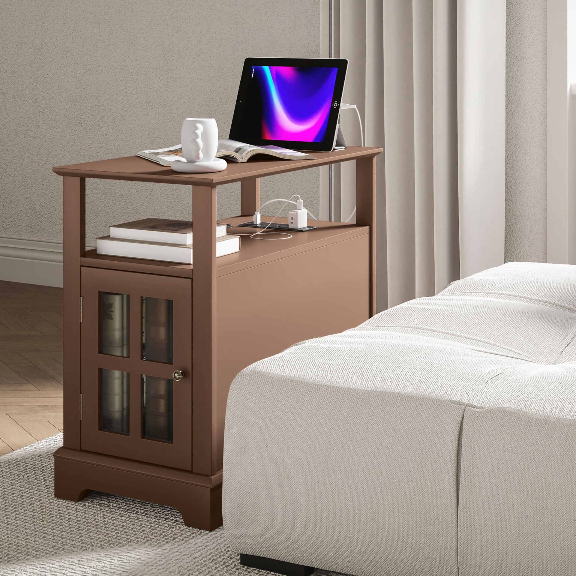 HOMCOM Narrow Side Table End Table with Charging Station, USB Ports, Modern End Table with Storage for Living Room, Brown