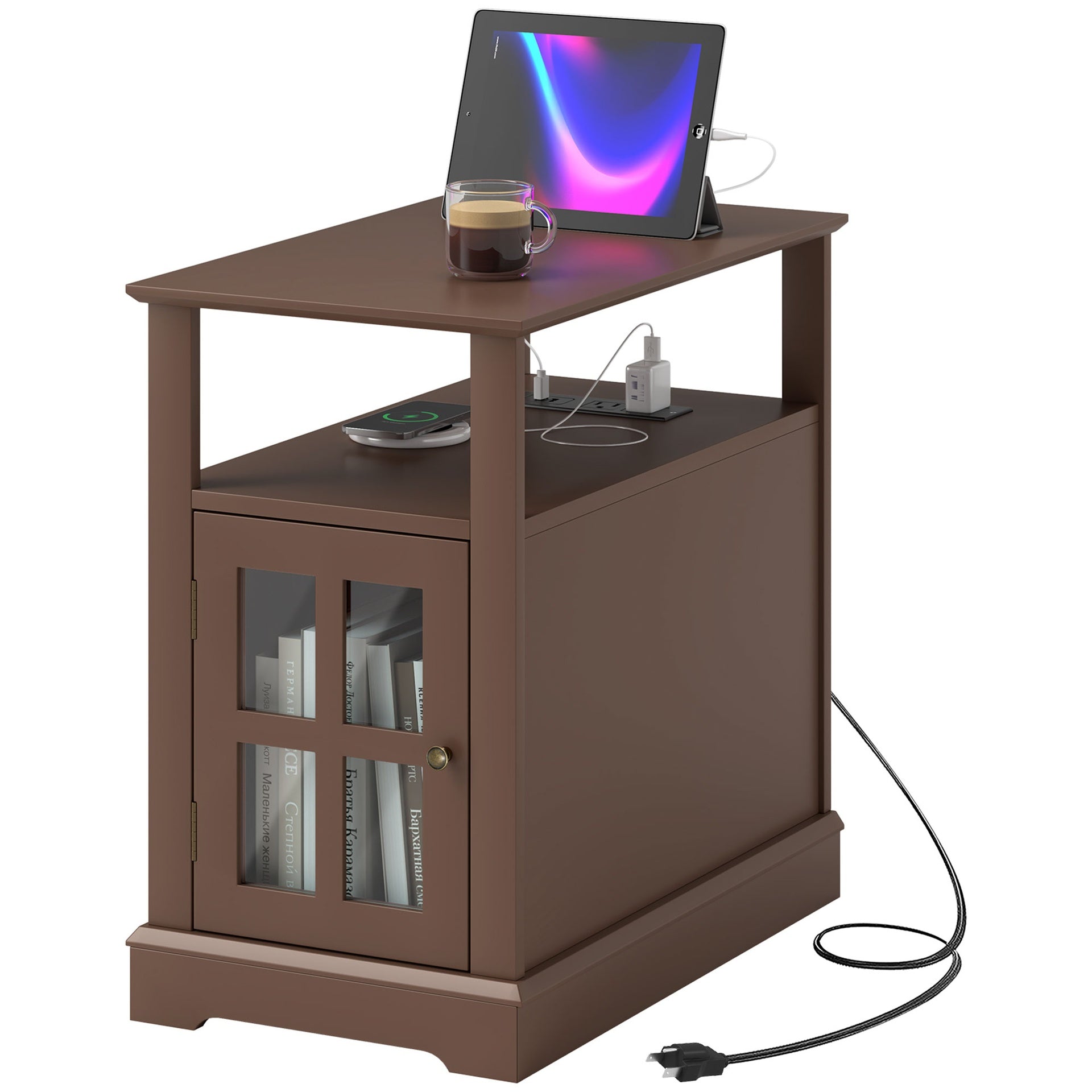 HOMCOM Narrow Side Table End Table with Charging Station, USB Ports, Modern End Table with Storage for Living Room, Brown