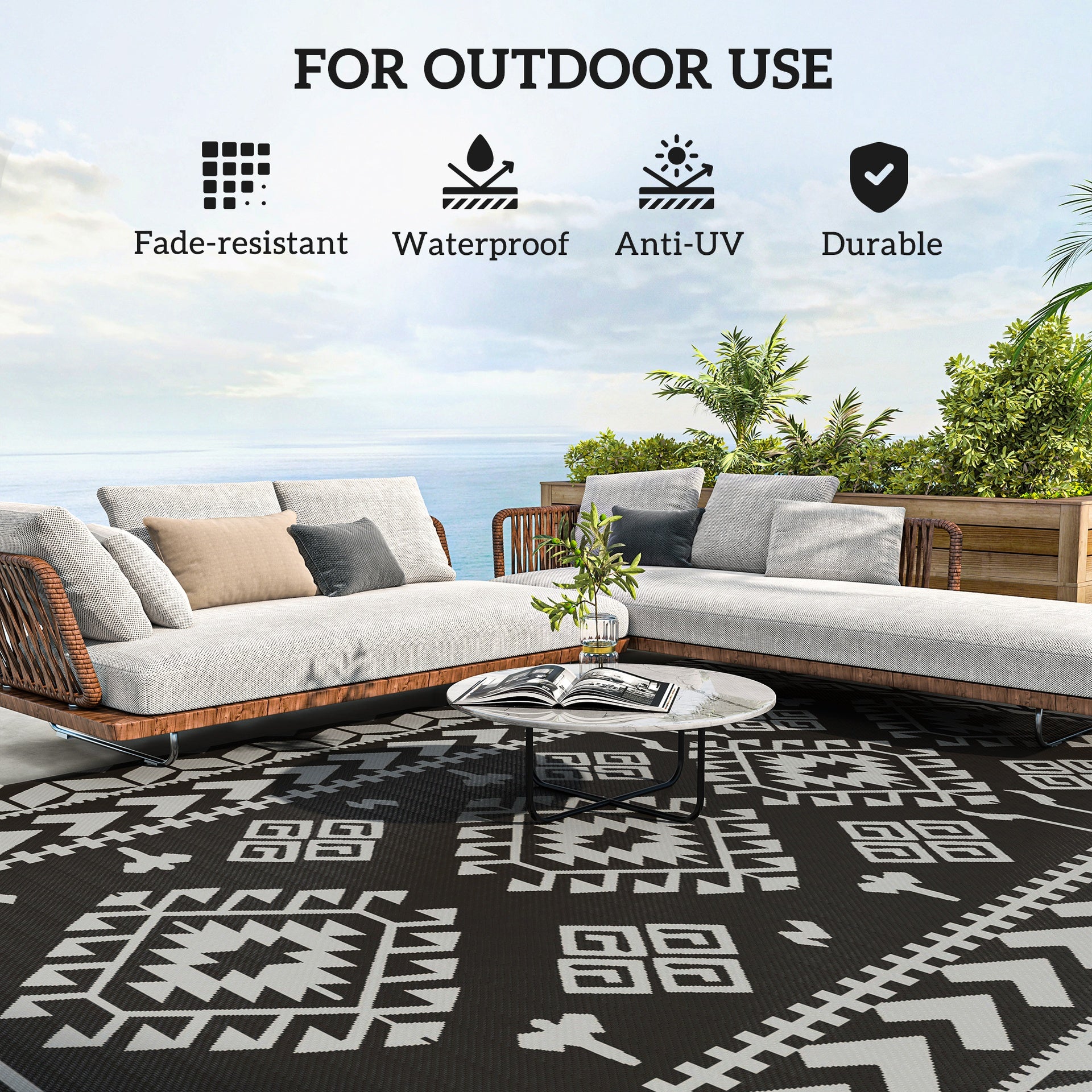 Outsunny Reversible Outdoor Rug, Waterproof Plastic Straw with Carry Bag, 9' x 18', Black & Gray Rhombus Patchwork