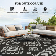 Outsunny Reversible Outdoor Rug, Waterproof Plastic Straw with Carry Bag, 9' x 18', Black & Gray Rhombus Patchwork