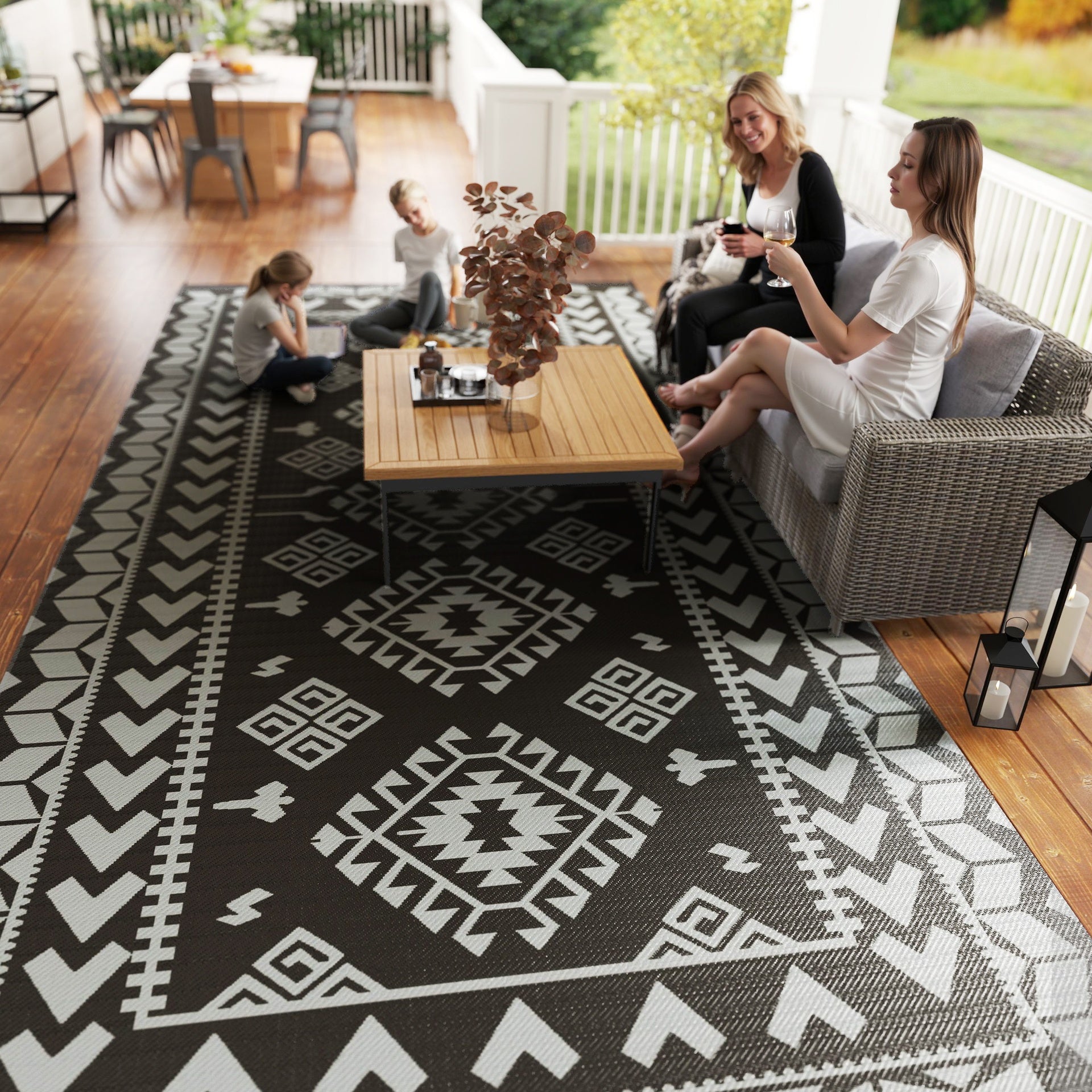 Outsunny Reversible Outdoor Rug, Waterproof Plastic Straw with Carry Bag, 9' x 18', Black & Gray Rhombus Patchwork