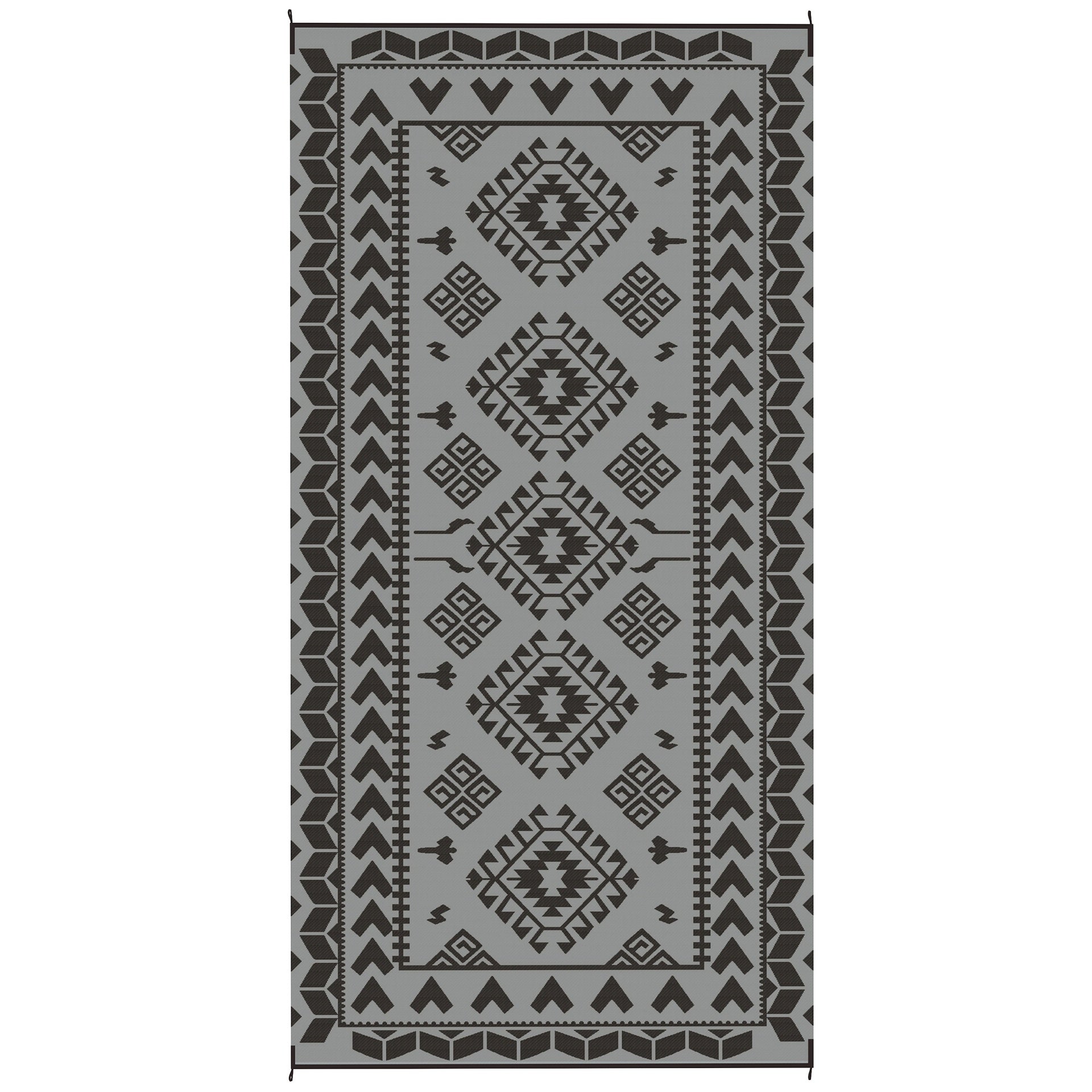 Outsunny Reversible Outdoor Rug, Waterproof Plastic Straw with Carry Bag, 9' x 18', Black & Gray Rhombus Patchwork