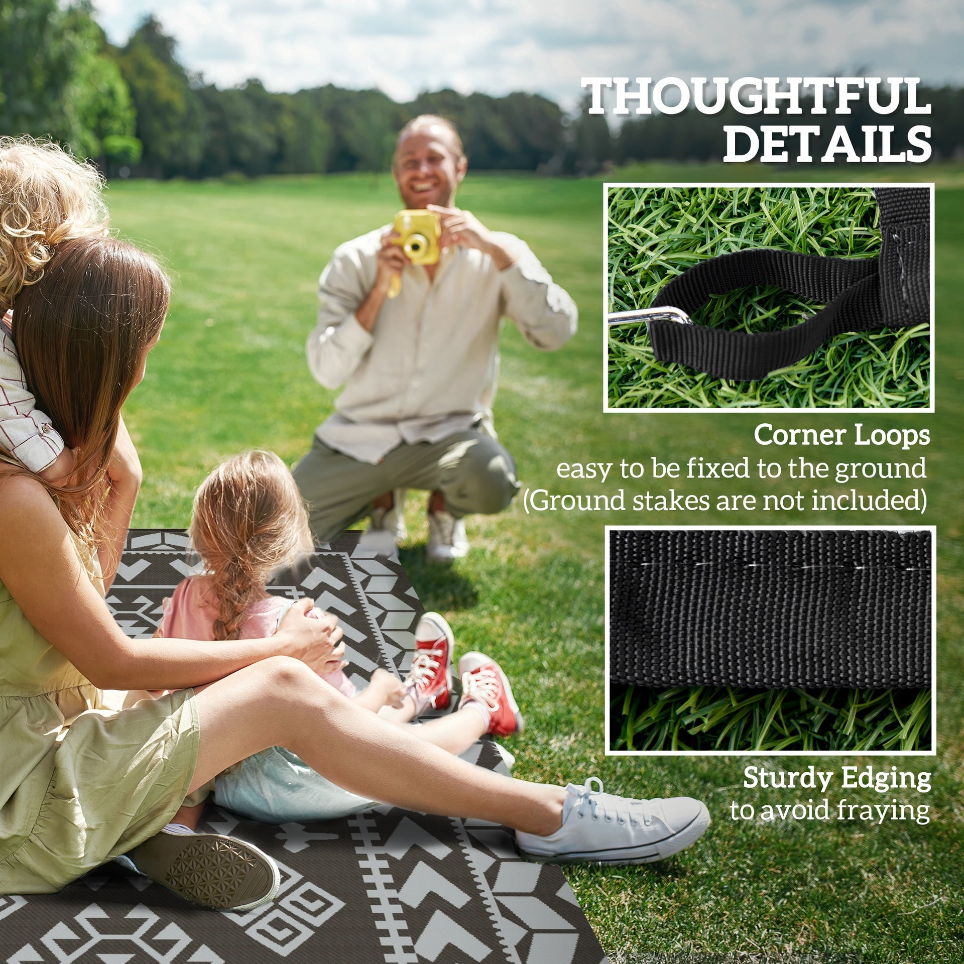 Outsunny Reversible Outdoor Rug, Waterproof Plastic Straw with Carry Bag, 9' x 18', Black & Gray Rhombus Patchwork
