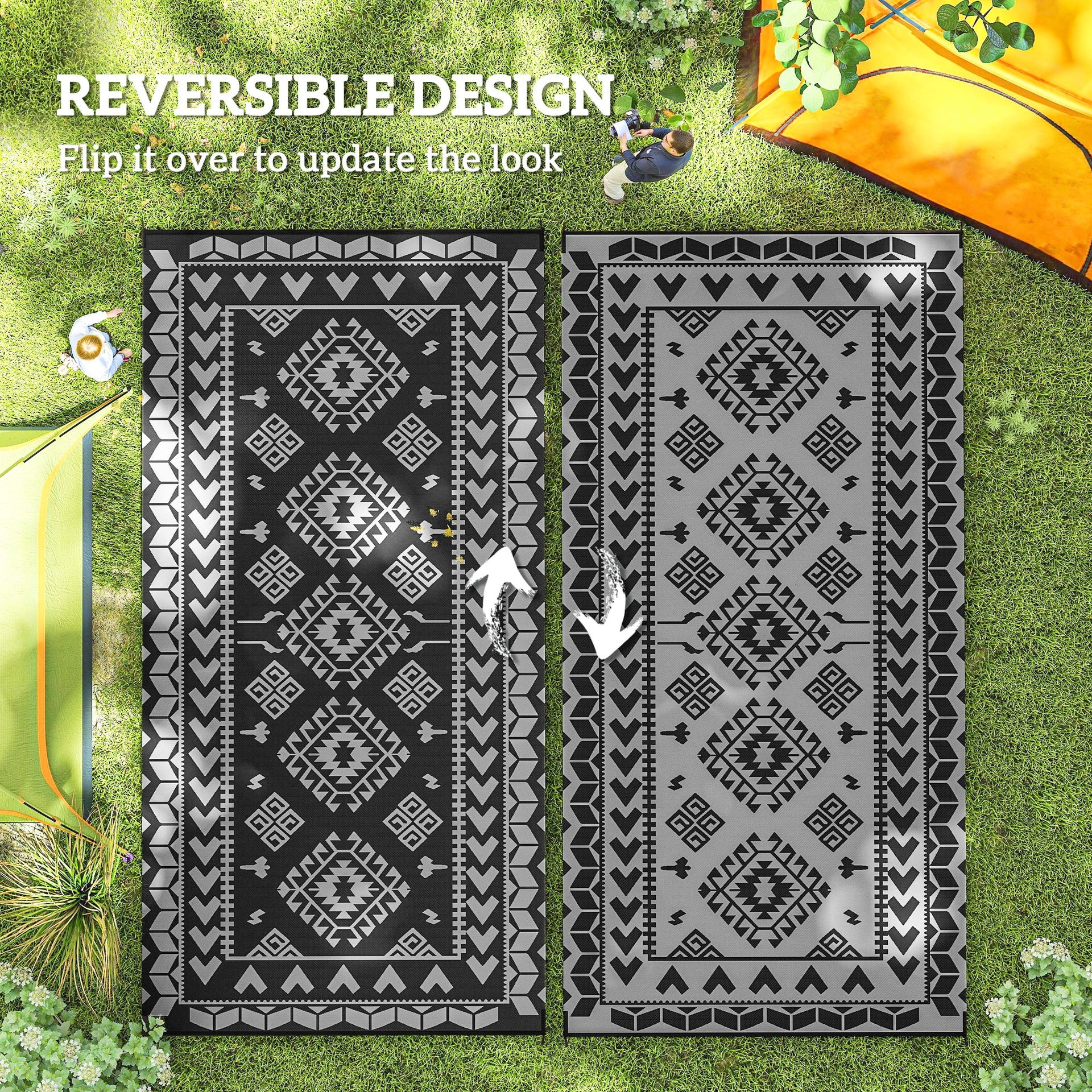 Outsunny Reversible Outdoor Rug, Waterproof Plastic Straw with Carry Bag, 9' x 18', Black & Gray Rhombus Patchwork