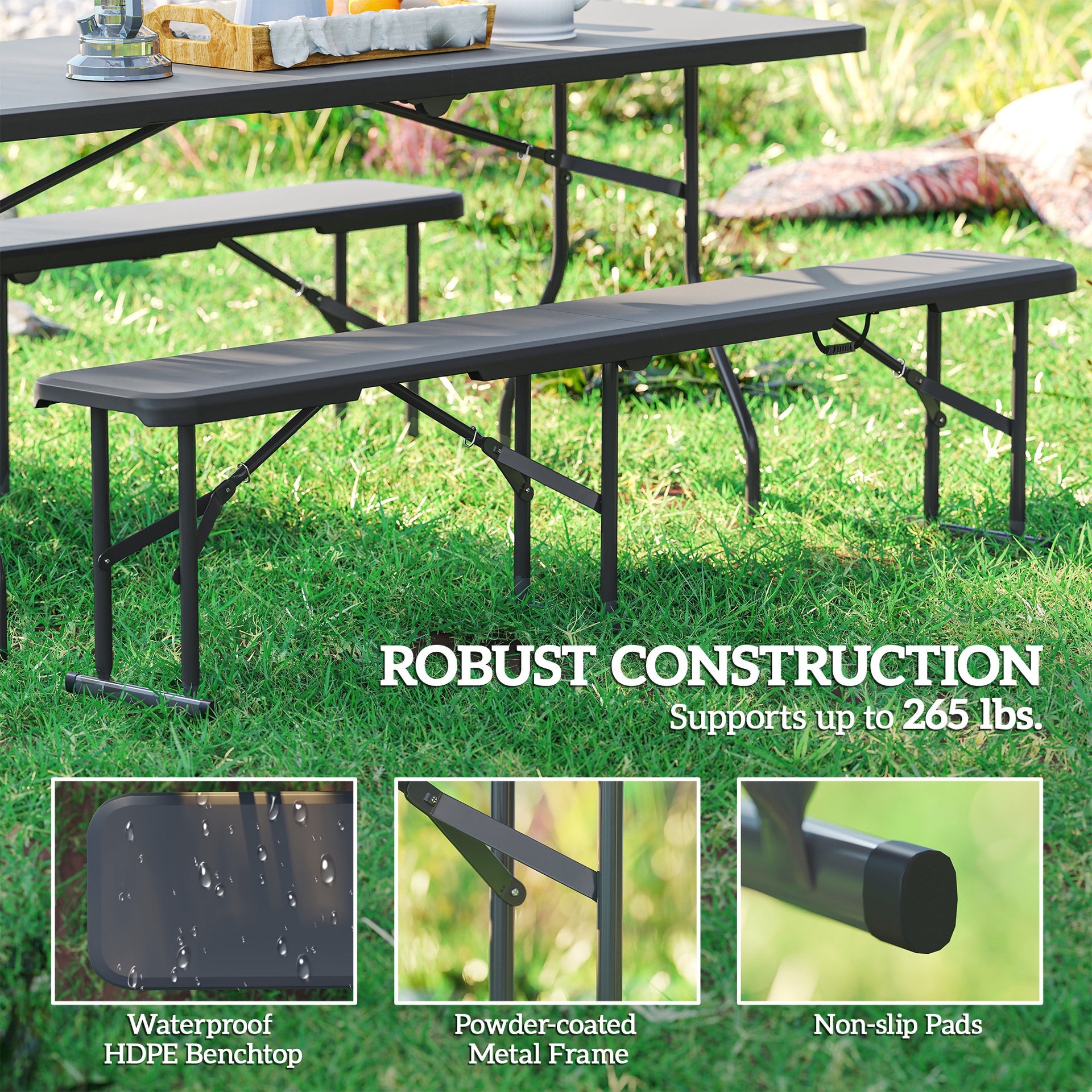 Outsunny 2 Pack 6 ft Portable Foldable Bench Seats, Plastic Folding Benches with Carrying Handle for Camping, Black