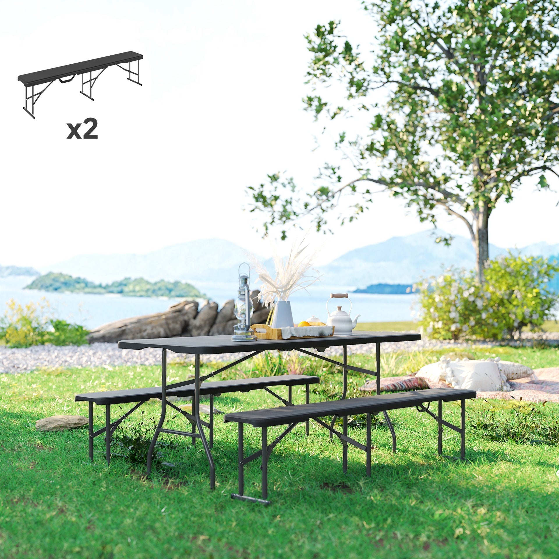 Outsunny 2 Pack 6 ft Portable Foldable Bench Seats, Plastic Folding Benches with Carrying Handle for Camping, Black
