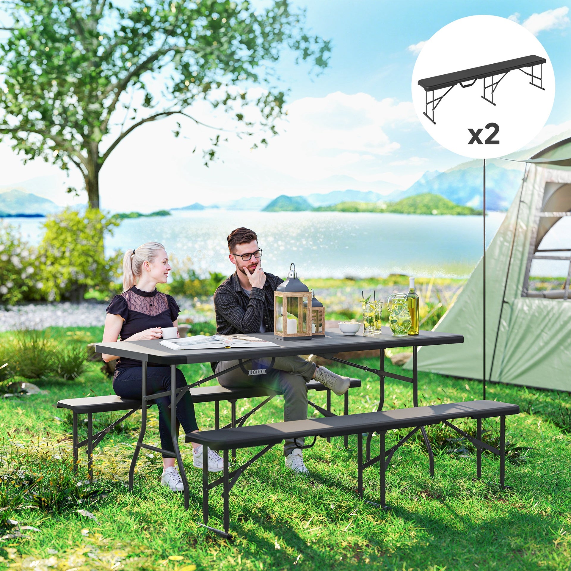 Outsunny 2 Pack 6 ft Portable Foldable Bench Seats, Plastic Folding Benches with Carrying Handle for Camping, Black