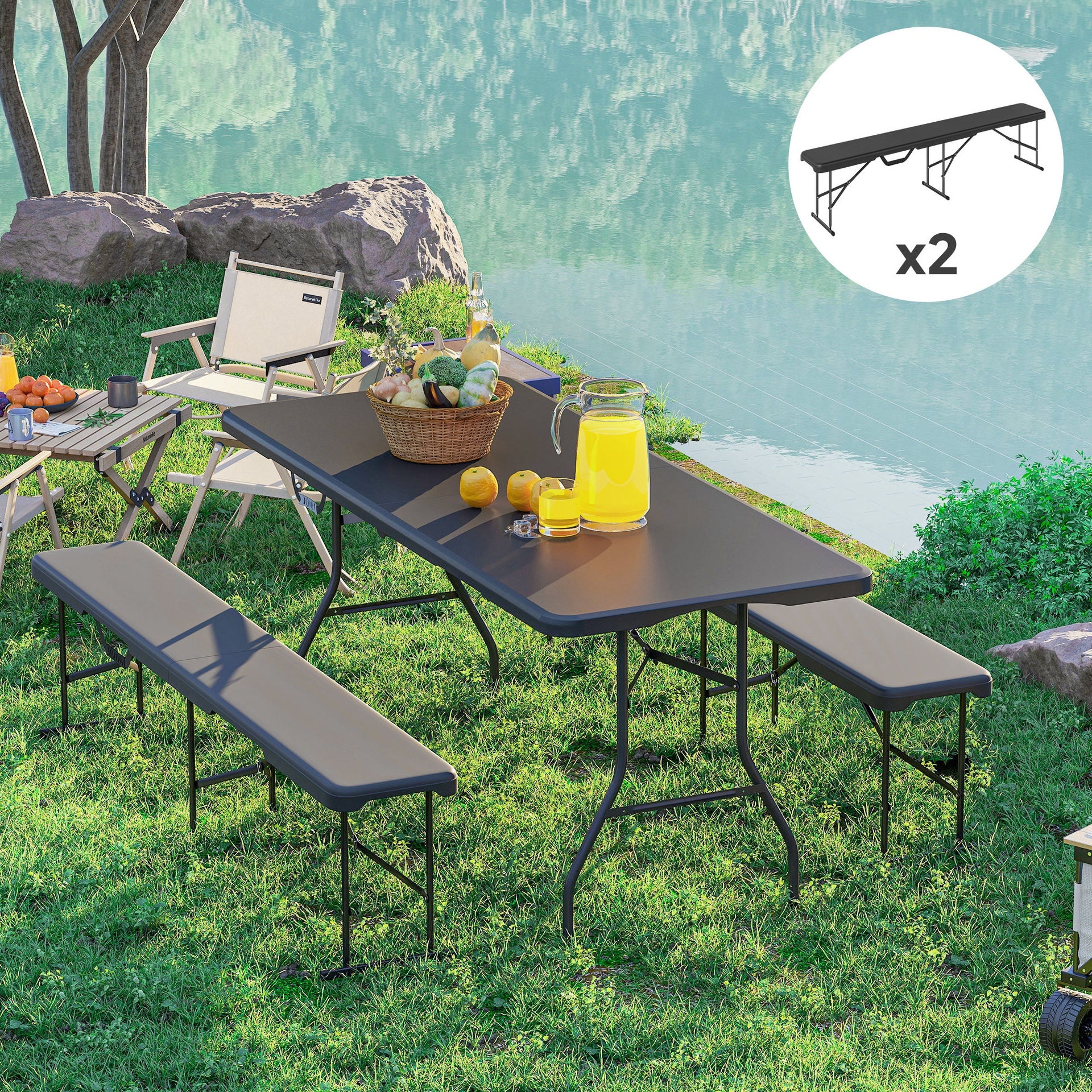 Outsunny 2 Pack 6 ft Portable Foldable Bench Seats, Plastic Folding Benches with Carrying Handle for Camping, Black