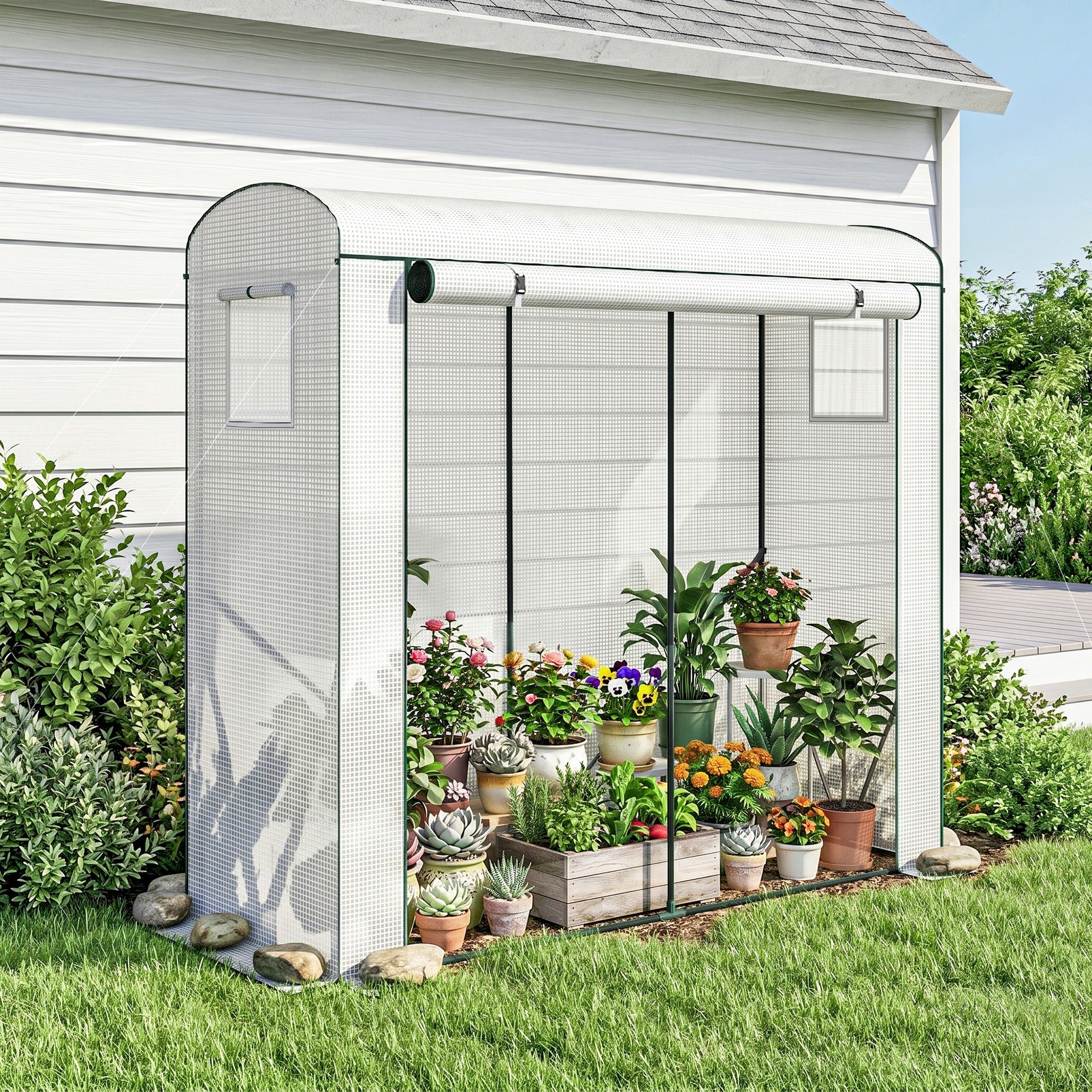 Outsunny Mini Greenhouse, Portable Greenhouse with Roll-Up Door and 2 Mesh Windows, PE Cover, 78.7" x 29.5" x 74", White