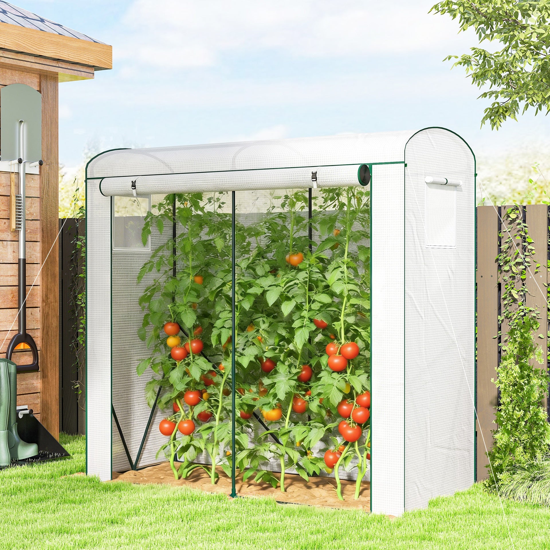 Outsunny Mini Greenhouse, Portable Greenhouse with Roll-Up Door and 2 Mesh Windows, PE Cover, 78.7" x 29.5" x 74", White