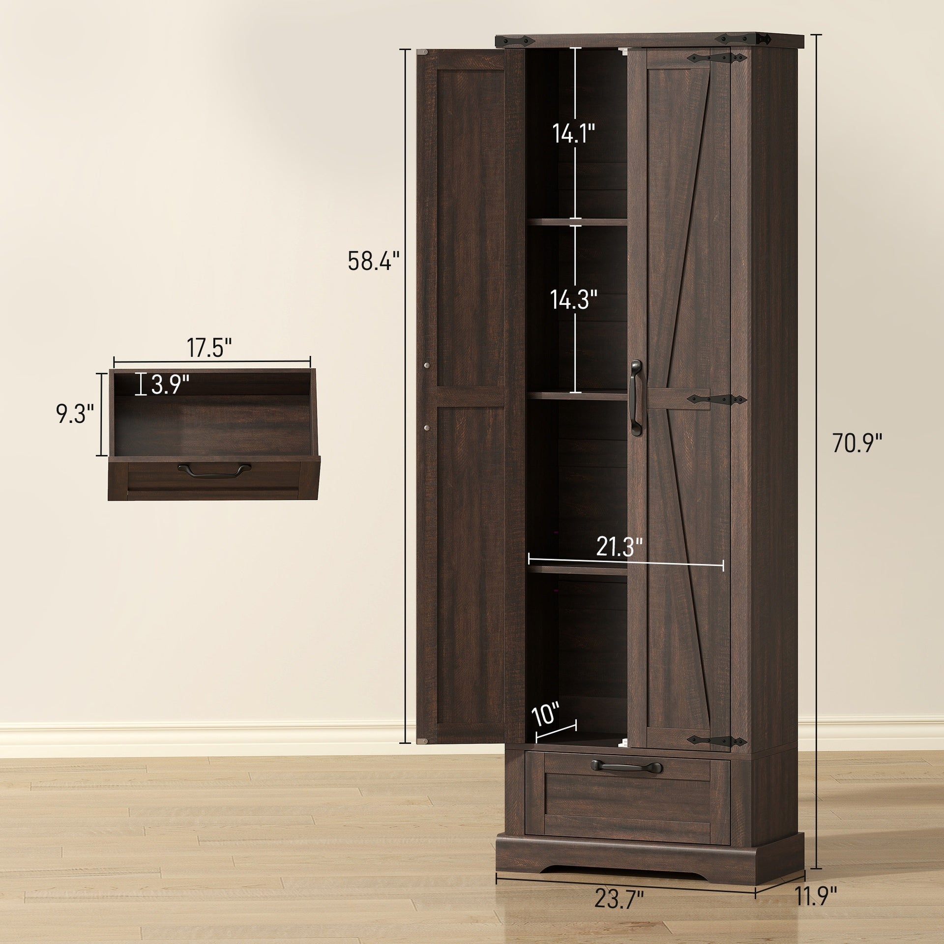 HOMCOM 71" Pantry Cabinet, Kitchen Storage Cabinet with Adjustable Shelves, Barn Doors and Drawer for Dining Room, Brown