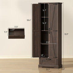 HOMCOM 71" Pantry Cabinet, Kitchen Storage Cabinet with Adjustable Shelves, Barn Doors and Drawer for Dining Room, Brown