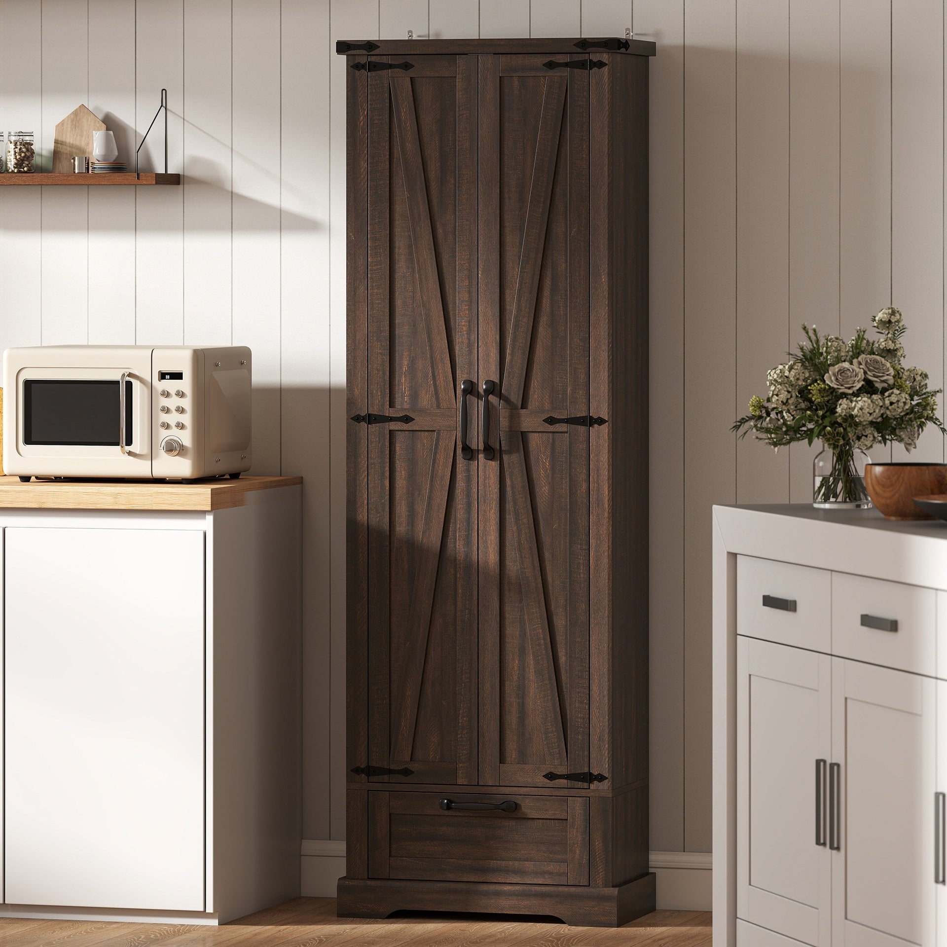 HOMCOM 71" Pantry Cabinet, Kitchen Storage Cabinet with Adjustable Shelves, Barn Doors and Drawer for Dining Room, Brown