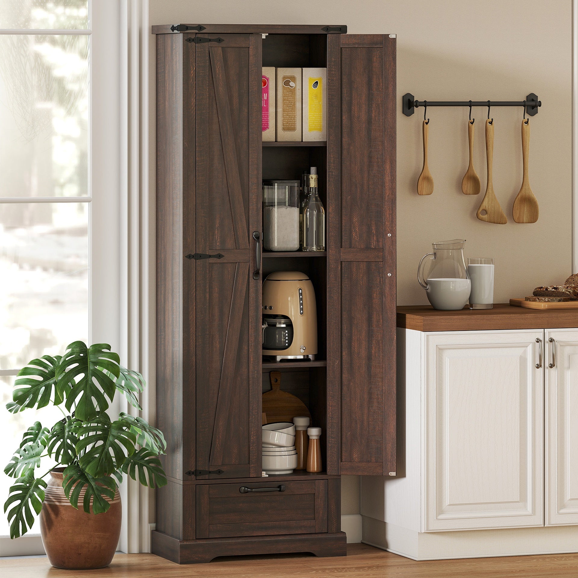 HOMCOM 71" Pantry Cabinet, Kitchen Storage Cabinet with Adjustable Shelves, Barn Doors and Drawer for Dining Room, Brown