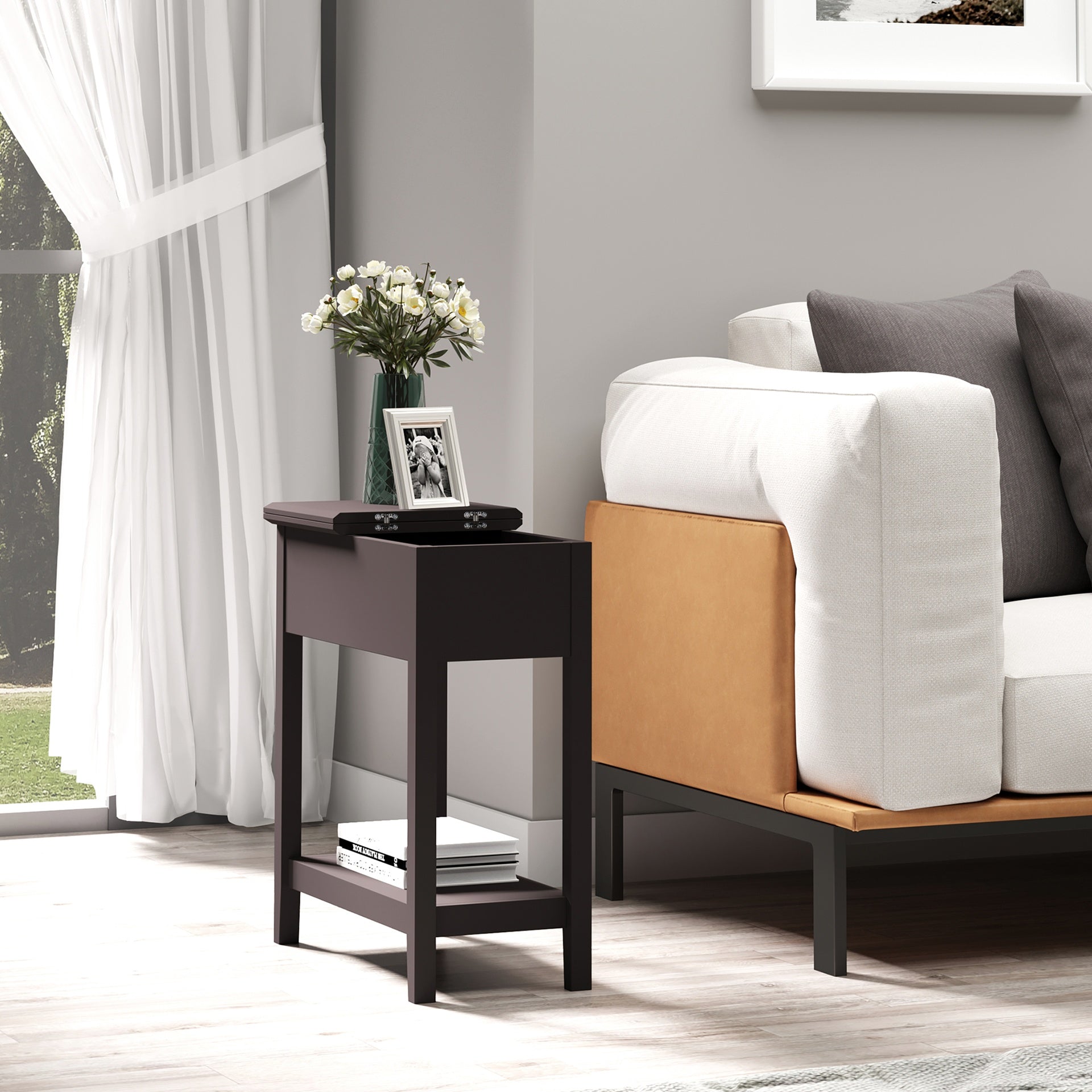HOMCOM End Table, Narrow Side Table with Flip Top, Storage Cabinet, Bottom Shelf for Living Room, Dark Coffee