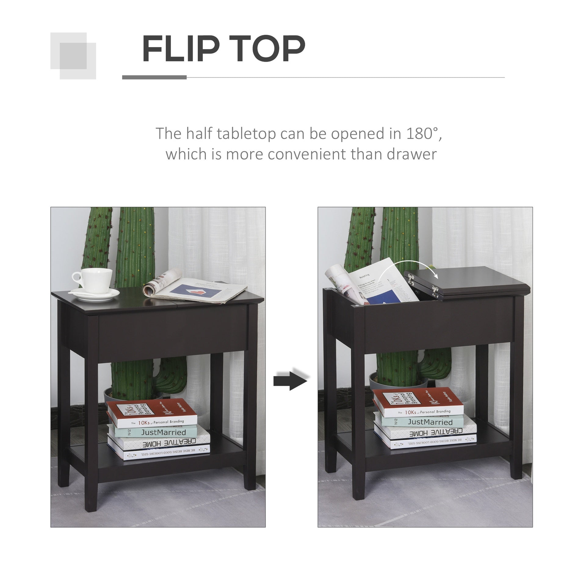 HOMCOM End Table, Narrow Side Table with Flip Top, Storage Cabinet, Bottom Shelf for Living Room, Dark Coffee