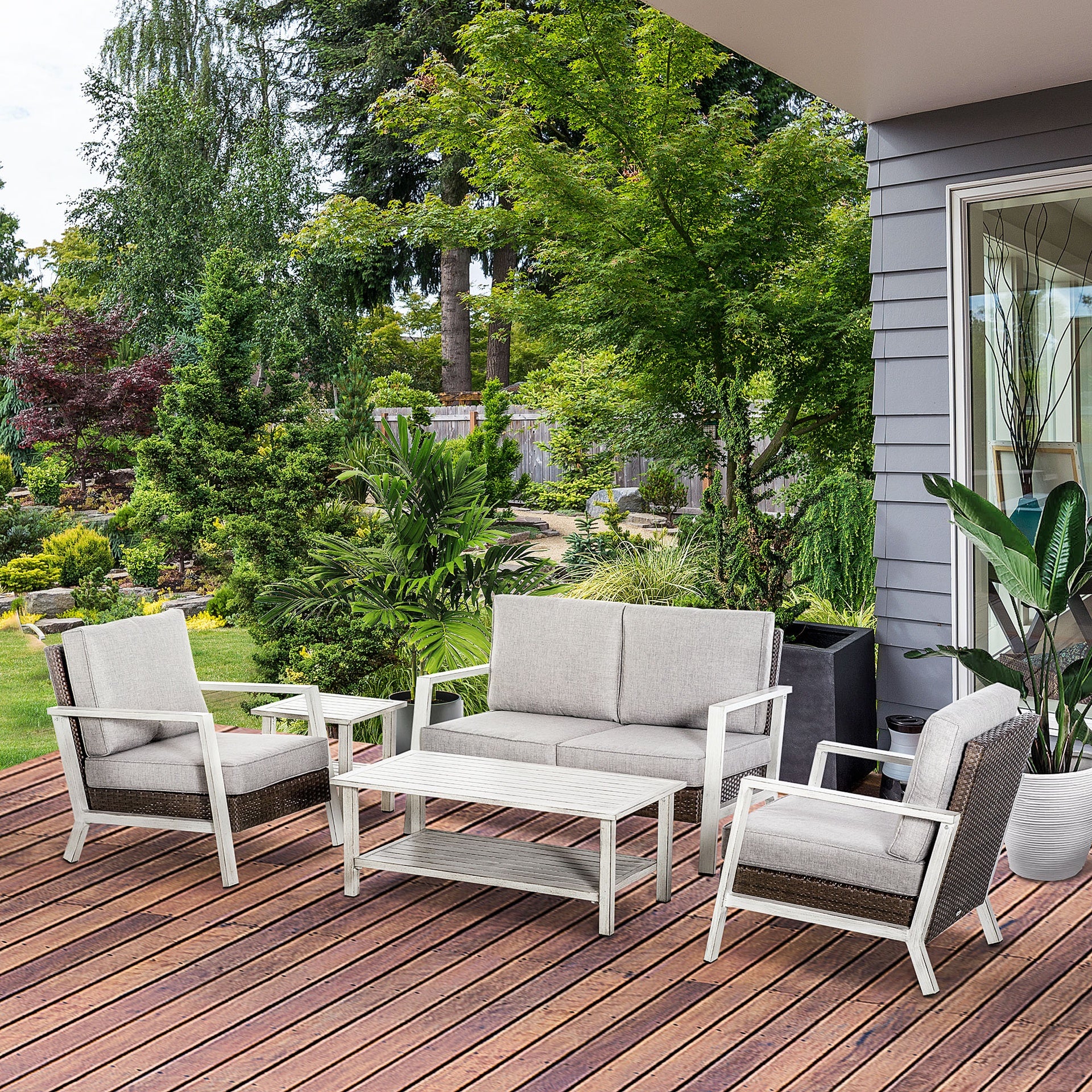 Outsunny Aluminum Patio Furniture Set, 5 Piece Modern Outdoor Conversation Set with Loveseat Sofa, Chairs, Cushions, Coffee Table & Side Table, Gray