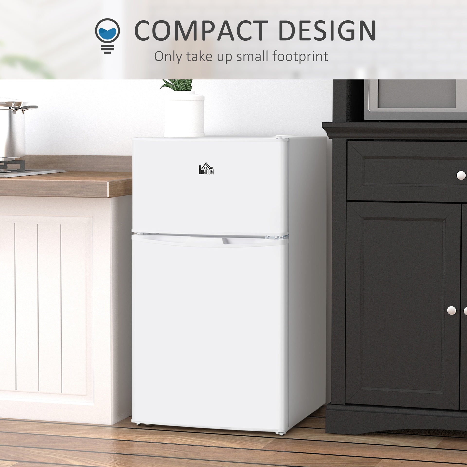 HOMCOM 3.2 Cu.Ft Mini Fridge with Freezer, Compact Refrigerator with Adjustable Thermostat, Shelf and Double Reversible Door for Bedroom, Dorm, Home Office, Energy Efficient, White