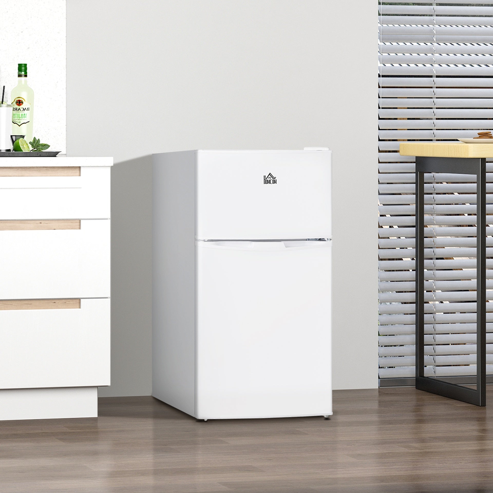 HOMCOM 3.2 Cu.Ft Mini Fridge with Freezer, Compact Refrigerator with Adjustable Thermostat, Shelf and Double Reversible Door for Bedroom, Dorm, Home Office, Energy Efficient, White
