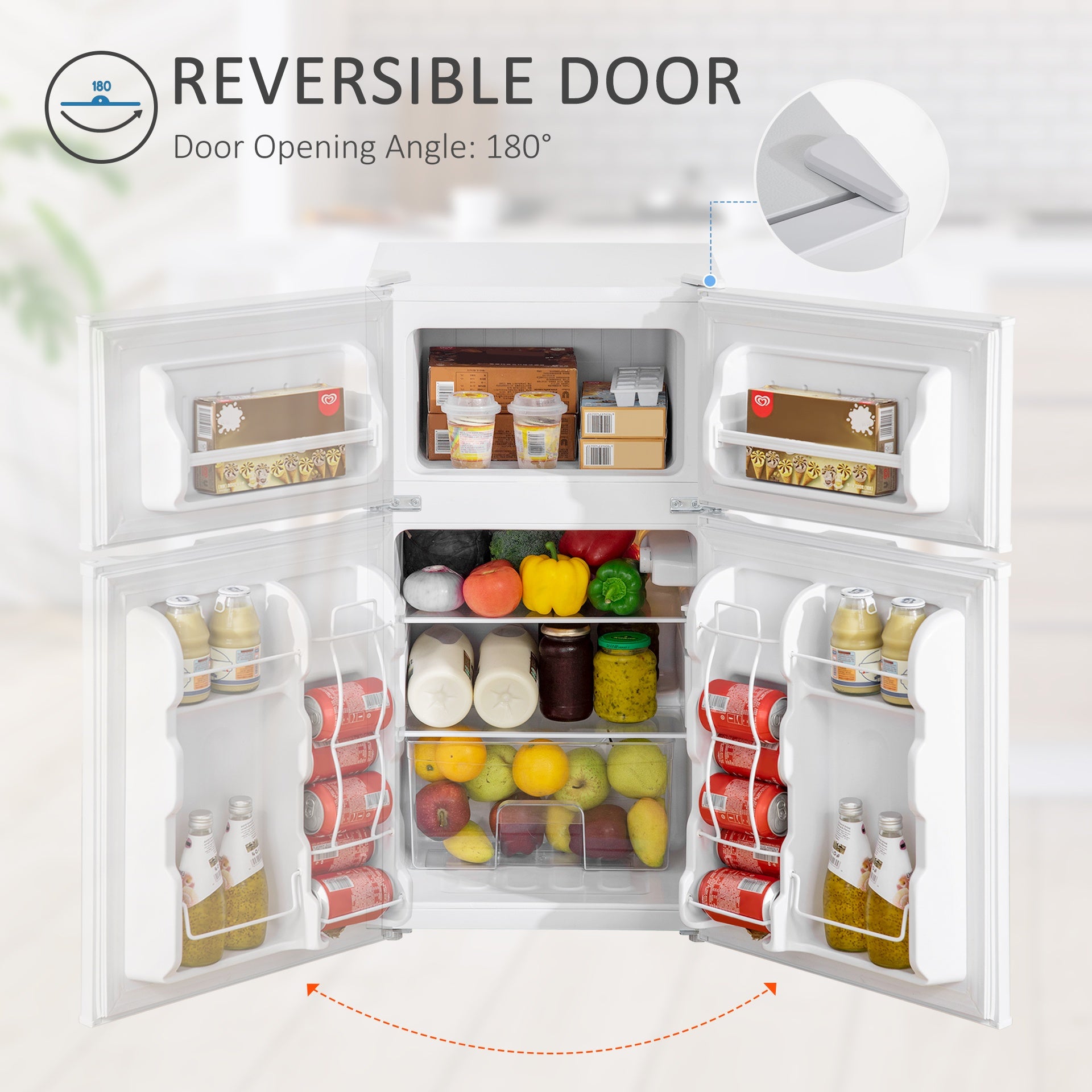 HOMCOM 3.2 Cu.Ft Mini Fridge with Freezer, Compact Refrigerator with Adjustable Thermostat, Shelf and Double Reversible Door for Bedroom, Dorm, Home Office, Energy Efficient, White