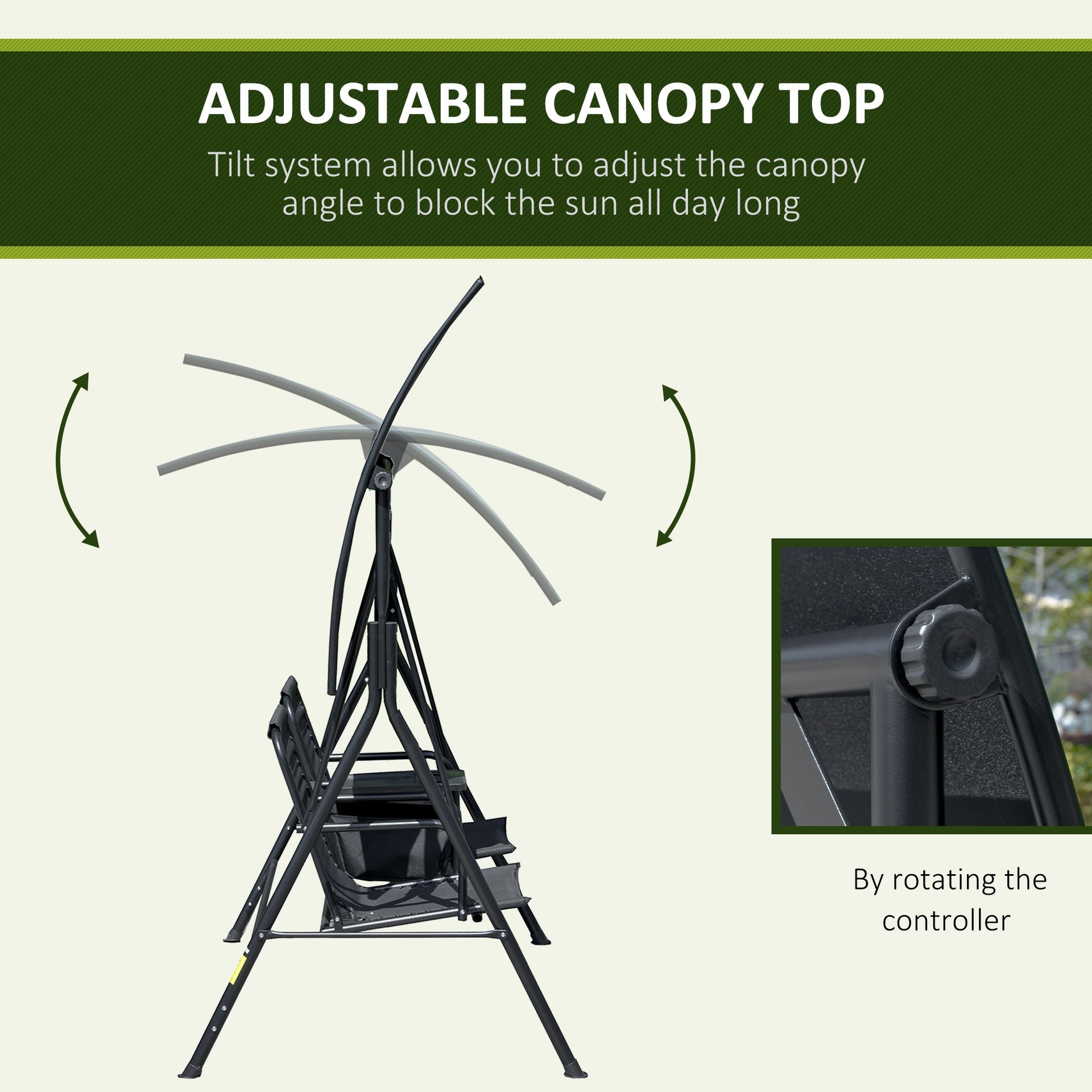 Outsunny 2-Seat Outdoor Porch Swing, with Pivot Storage Table, Cup Holder, & Adjustable Overhead Canopy, Stand's Skid-Resistant Feet Pad, Breathable Mesh Seat, Steel Frame, for Patio, Black