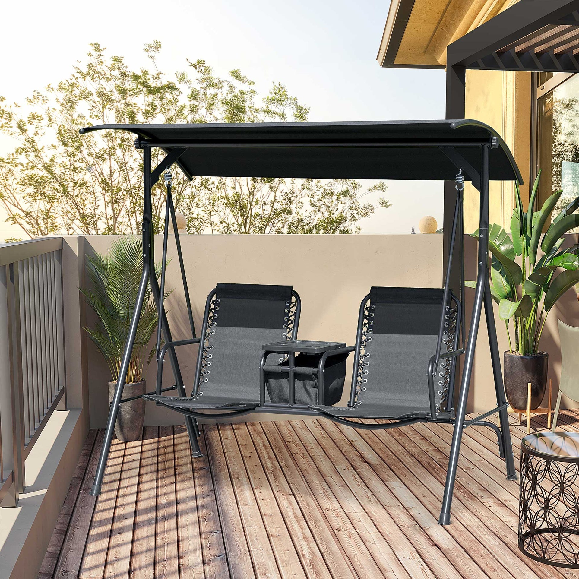 Outsunny 2-Seat Outdoor Porch Swing, with Pivot Storage Table, Cup Holder, & Adjustable Overhead Canopy, Stand's Skid-Resistant Feet Pad, Breathable Mesh Seat, Steel Frame, for Patio, Black