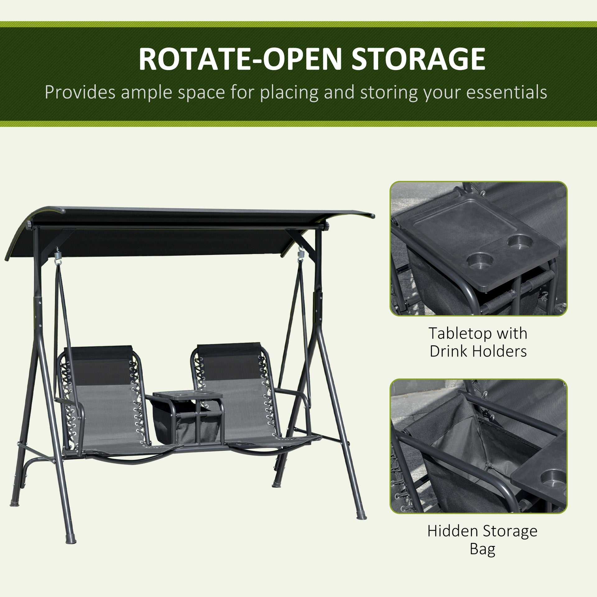 Outsunny 2-Seat Outdoor Porch Swing, with Pivot Storage Table, Cup Holder, & Adjustable Overhead Canopy, Stand's Skid-Resistant Feet Pad, Breathable Mesh Seat, Steel Frame, for Patio, Black