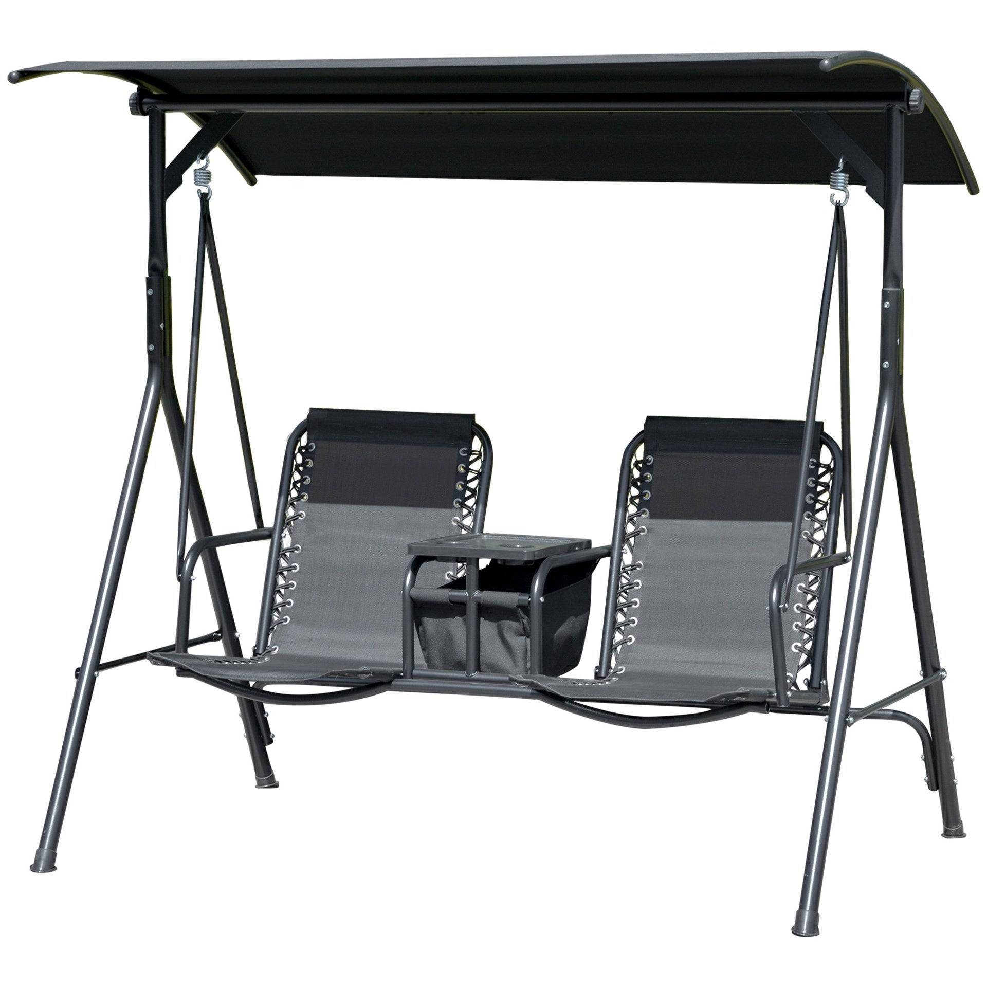 Outsunny 2-Seat Outdoor Porch Swing, with Pivot Storage Table, Cup Holder, & Adjustable Overhead Canopy, Stand's Skid-Resistant Feet Pad, Breathable Mesh Seat, Steel Frame, for Patio, Black