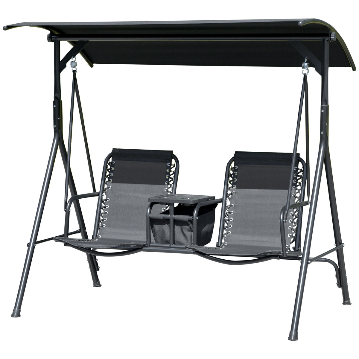 Outsunny 2-Seat Outdoor Porch Swing, with Pivot Storage Table, Cup Holder, & Adjustable Overhead Canopy, Stand's Skid-Resistant Feet Pad, Breathable Mesh Seat, Steel Frame, for Patio, Black