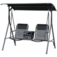 Outsunny 2-Seat Outdoor Porch Swing, with Pivot Storage Table, Cup Holder, & Adjustable Overhead Canopy, Stand's Skid-Resistant Feet Pad, Breathable Mesh Seat, Steel Frame, for Patio, Black
