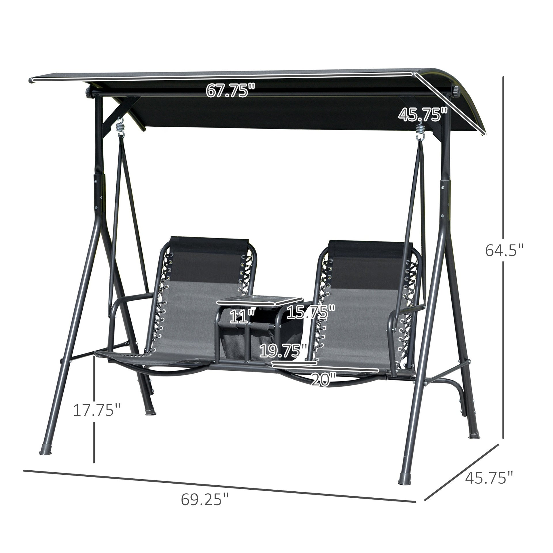 Outsunny 2-Seat Outdoor Porch Swing, with Pivot Storage Table, Cup Holder, & Adjustable Overhead Canopy, Stand's Skid-Resistant Feet Pad, Breathable Mesh Seat, Steel Frame, for Patio, Black