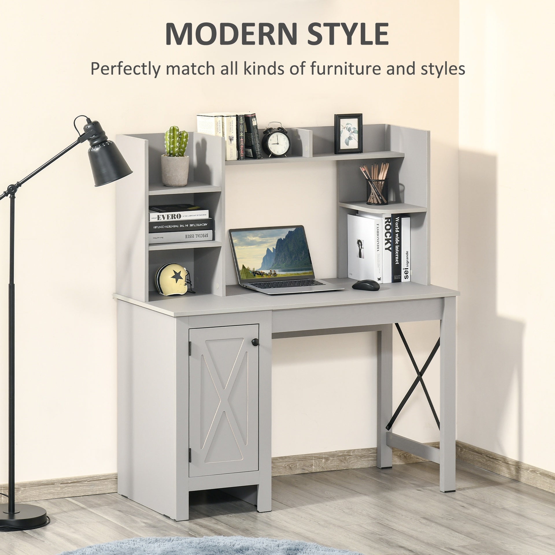 HOMCOM Computer Desk W/ Hutch, Home Office Desk W/ Storage Cabinet, Light Grey