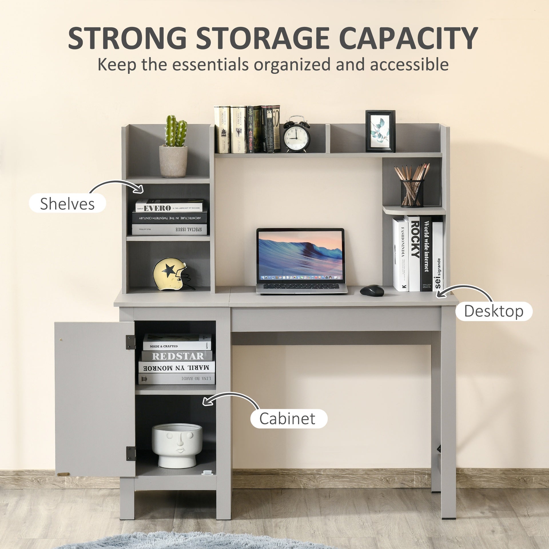 HOMCOM Computer Desk W/ Hutch, Home Office Desk W/ Storage Cabinet, Light Grey