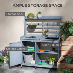 Outsunny Wooden Potting Bench with Storage, Sink, Water Tap for Backyard, Patio, Balcony, Gray