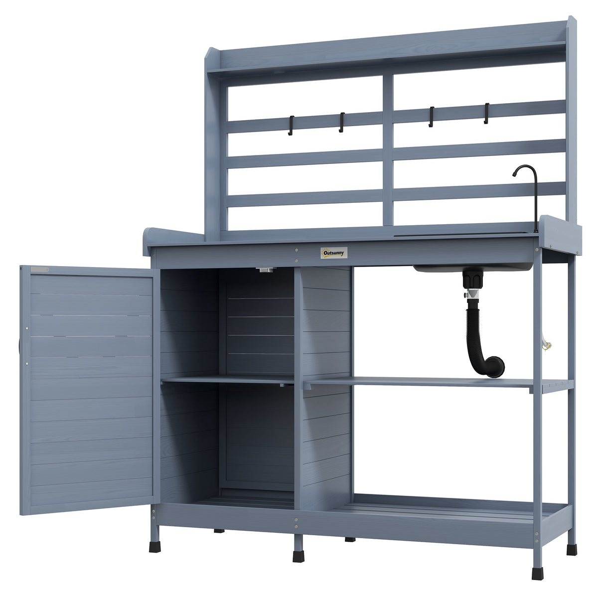 Outsunny Wooden Potting Bench with Storage, Sink, Water Tap for Backyard, Patio, Balcony, Gray
