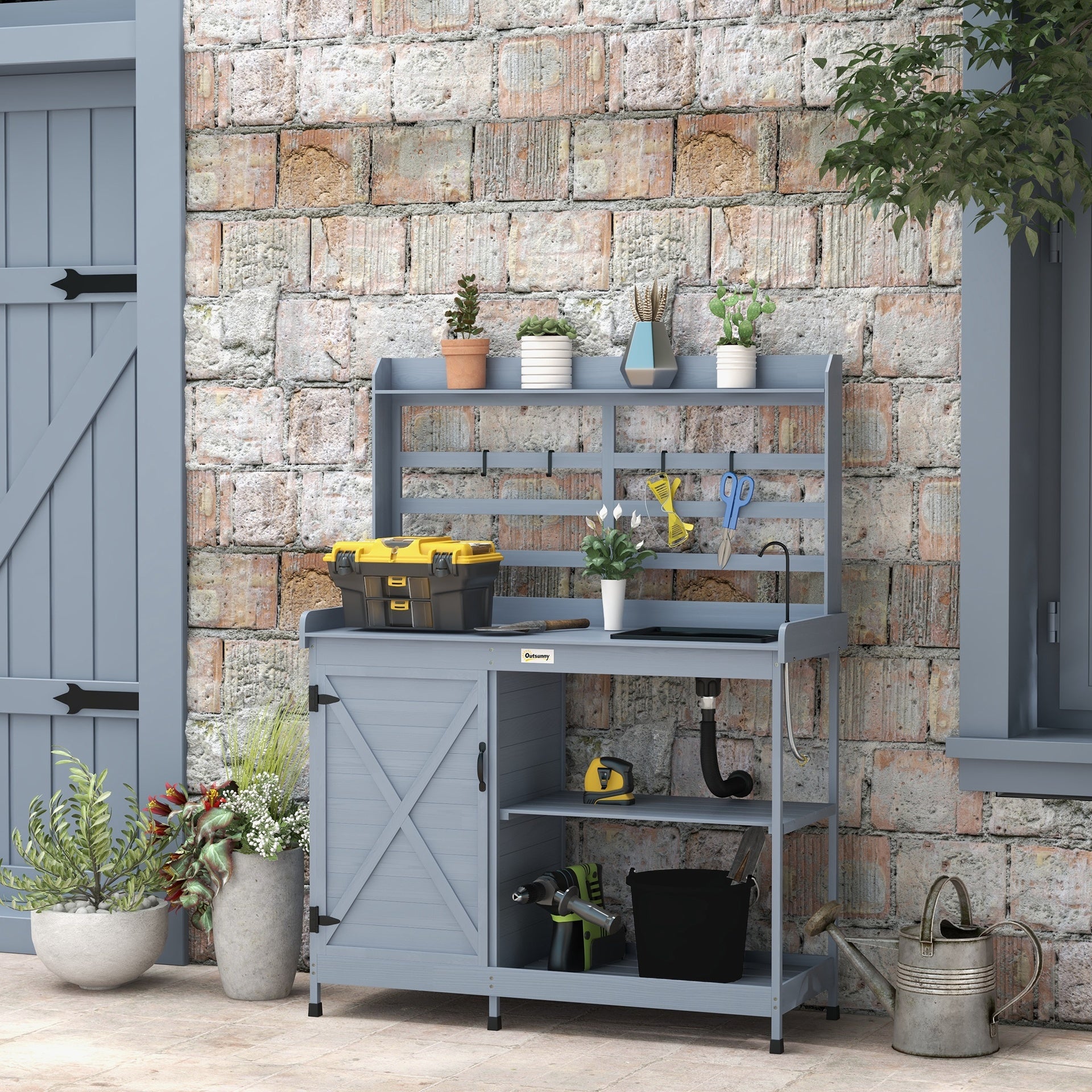 Outsunny Wooden Potting Bench with Storage, Sink, Water Tap for Backyard, Patio, Balcony, Gray