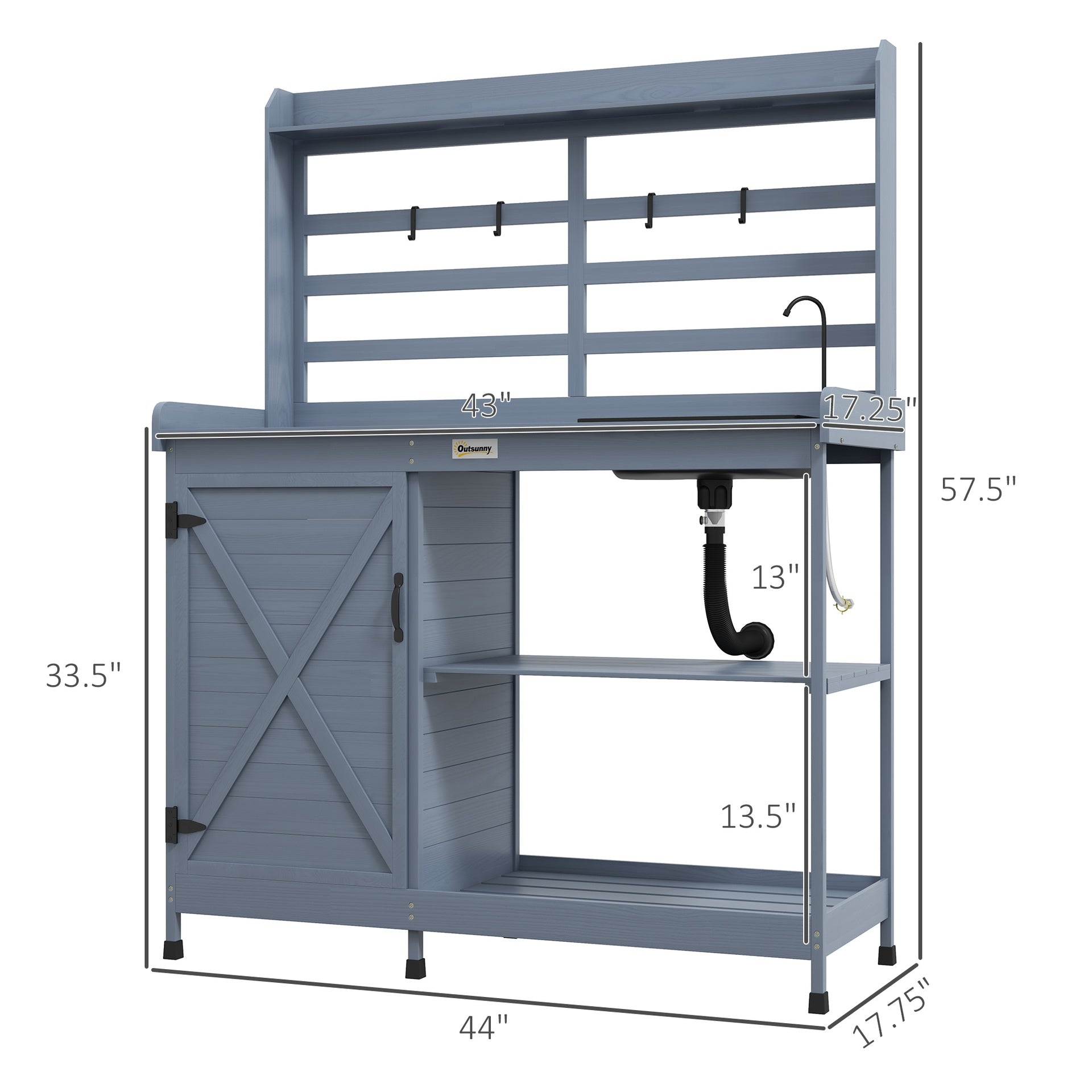 Outsunny Wooden Potting Bench with Storage, Sink, Water Tap for Backyard, Patio, Balcony, Gray