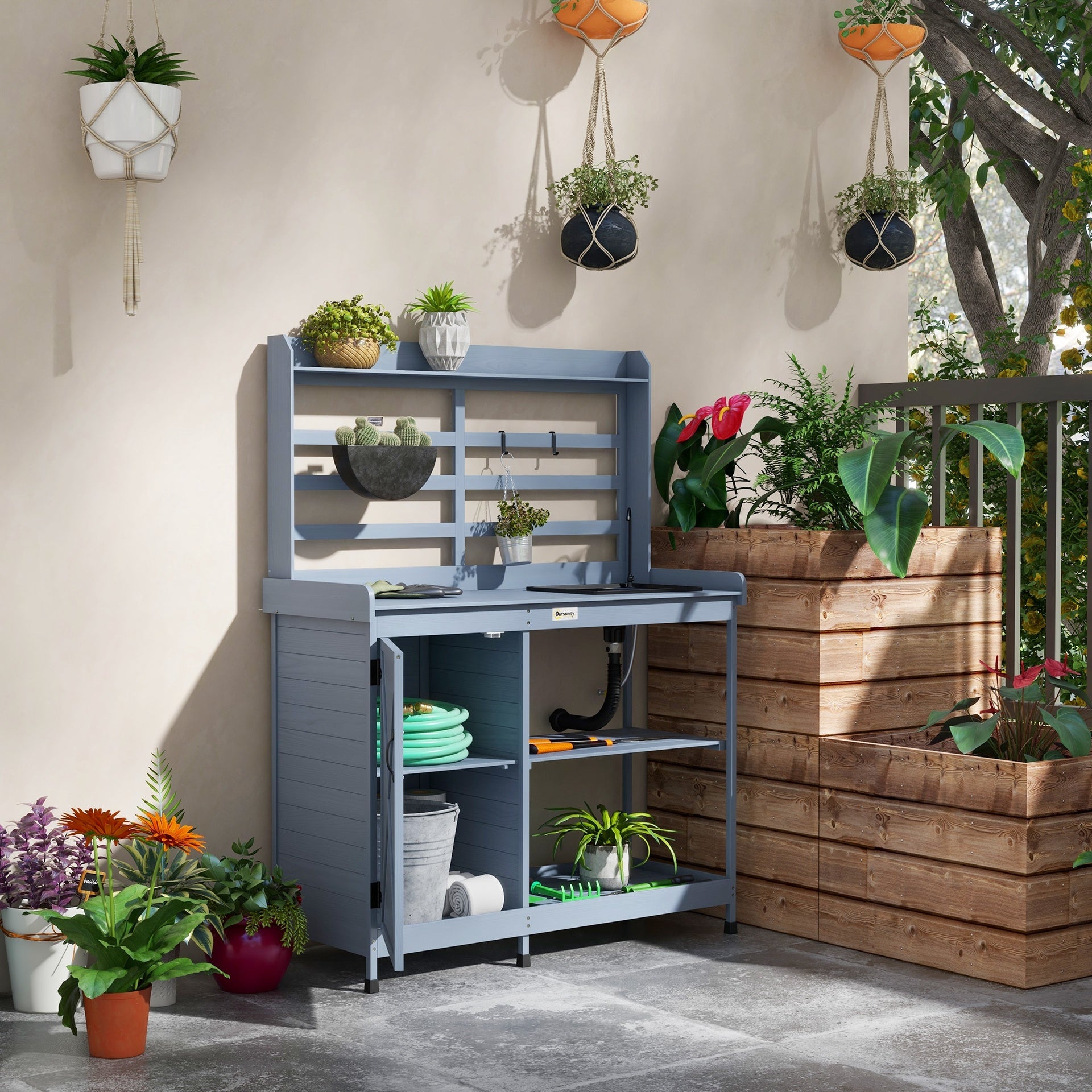 Outsunny Wooden Potting Bench with Storage, Sink, Water Tap for Backyard, Patio, Balcony, Gray