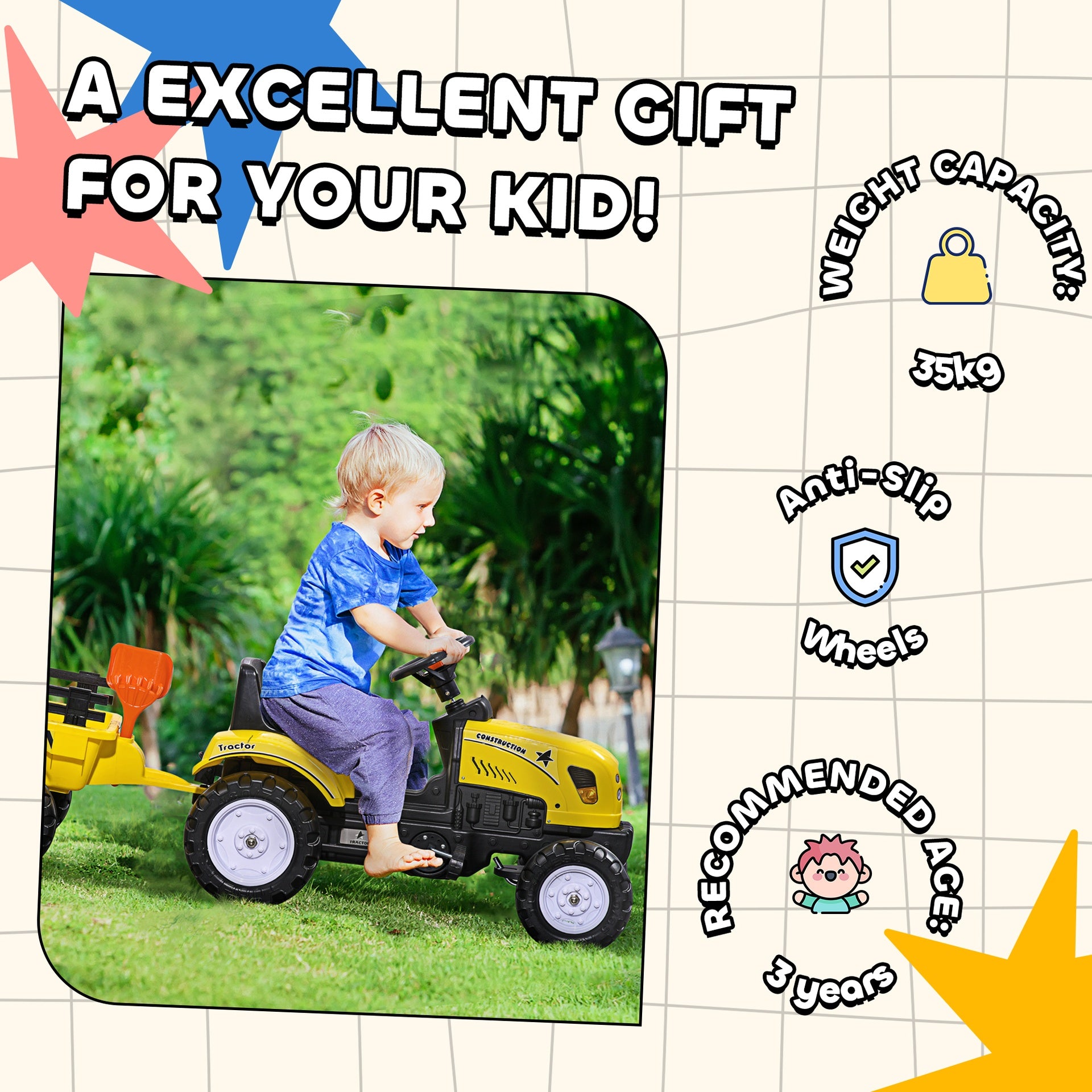 Aosom Kids Ride on Tractor with Back Trailer, Shovel & Rake, Horn, Pedal Go Kart for 3 Years Old, Yellow