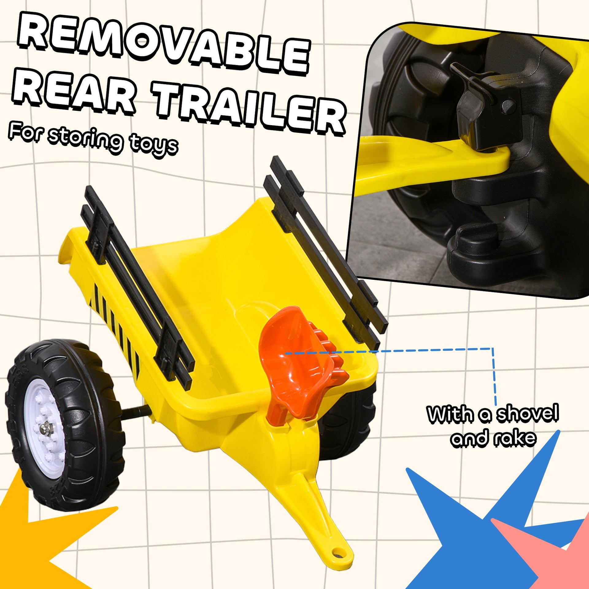 Aosom Kids Ride on Tractor with Back Trailer, Shovel & Rake, Horn, Pedal Go Kart for 3 Years Old, Yellow