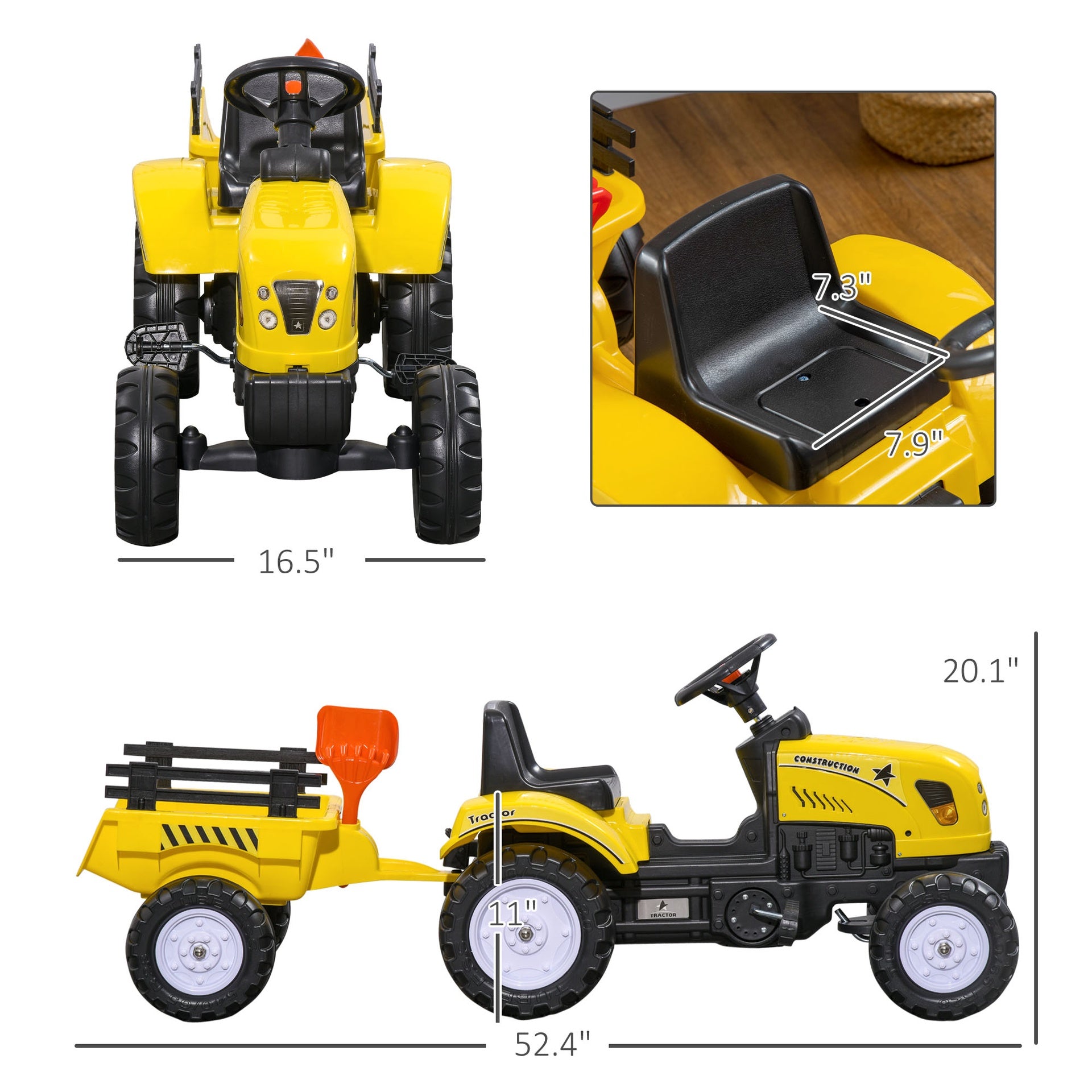 Aosom Kids Ride on Tractor with Back Trailer, Shovel & Rake, Horn, Pedal Go Kart for 3 Years Old, Yellow